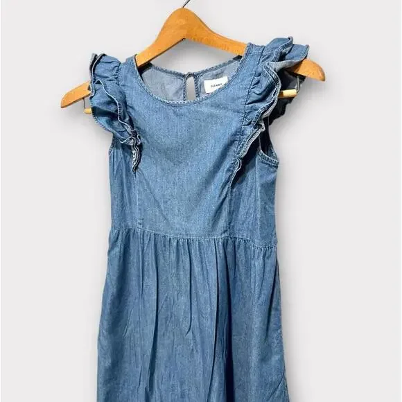 Old Navy Girls Chambray Dress Sleeveless Ruffle Med Wash Blue Knee Length Size M - Picture 2 of 13